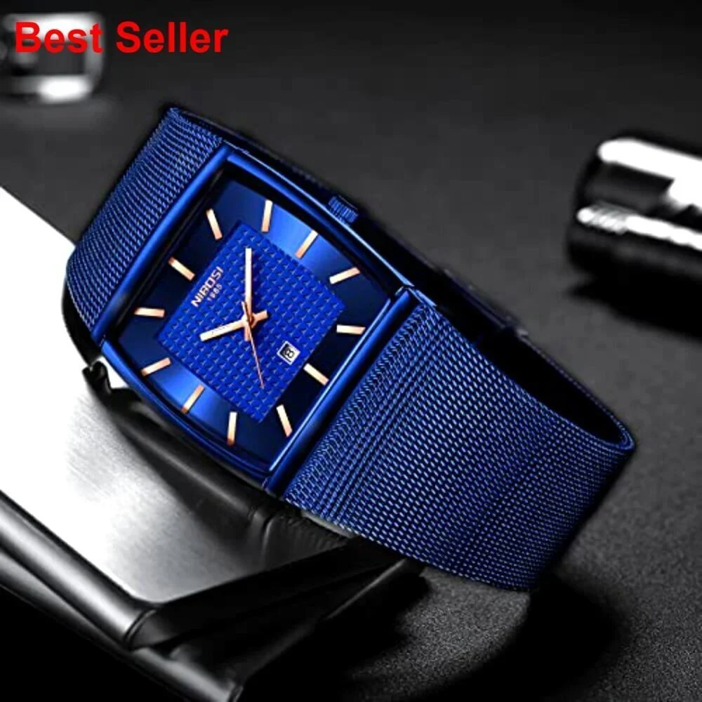 Stainless Steel Square Analog Quartz Watch with Mesh Strap